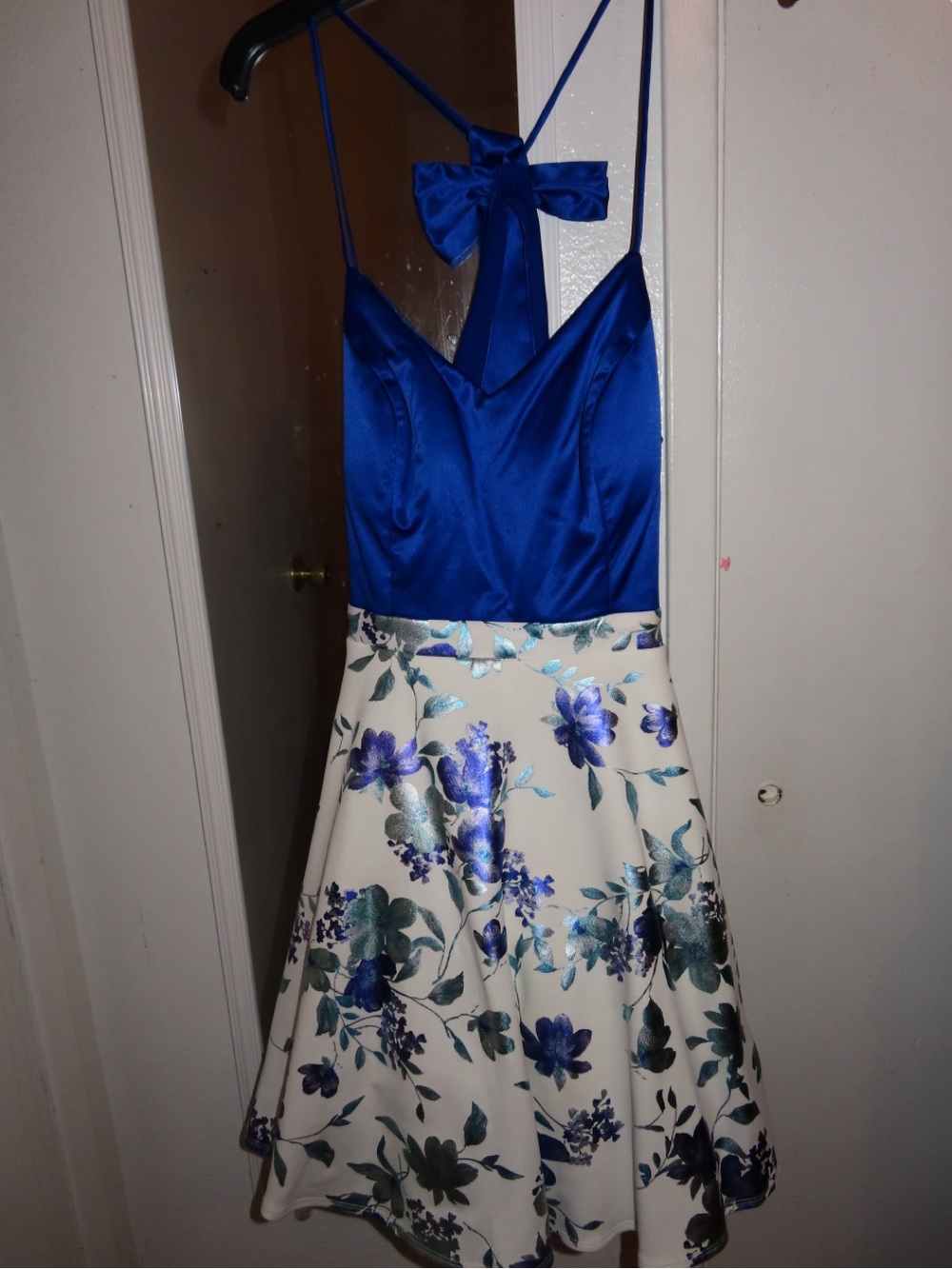Girls' Royal Blue Satin Bodice & Cream Floral Skirt Party Dress